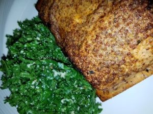 Cedar planked salmon with kale salad.